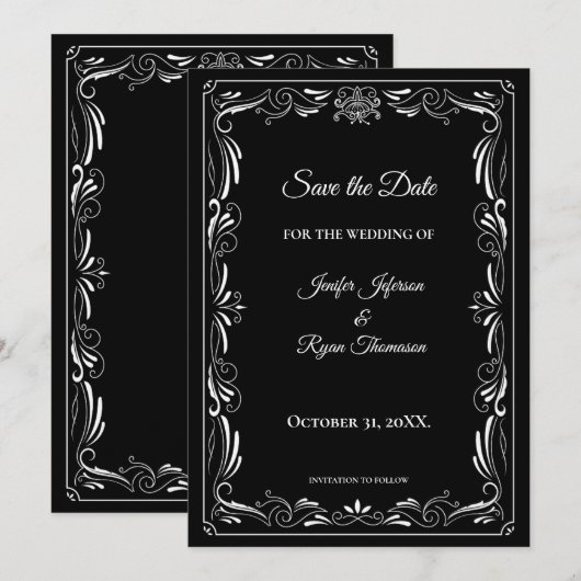 Elegante zwarte en witte trouw save the date aankondiging (Voorkant / Achterkant)