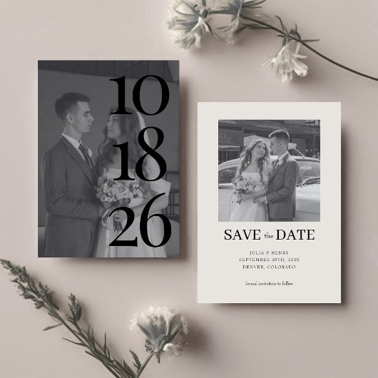 Elegante Zwarte en Witte Trouw Twee Foto QR Code Save The Date