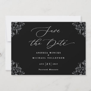 Elegante zwarte en witte trouwkaart 'Save The Date Save The Date