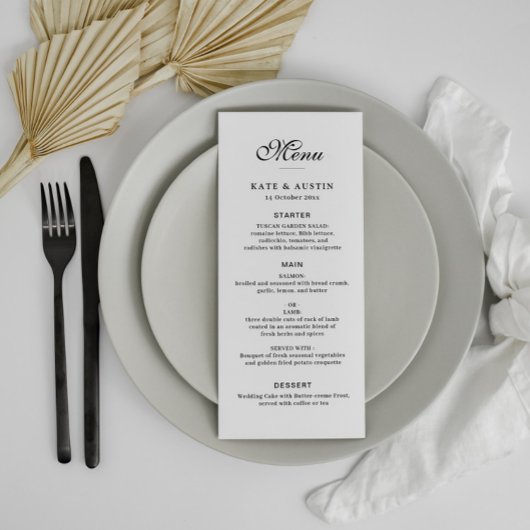 elegante zwarte en witte trouwmenukaart menu