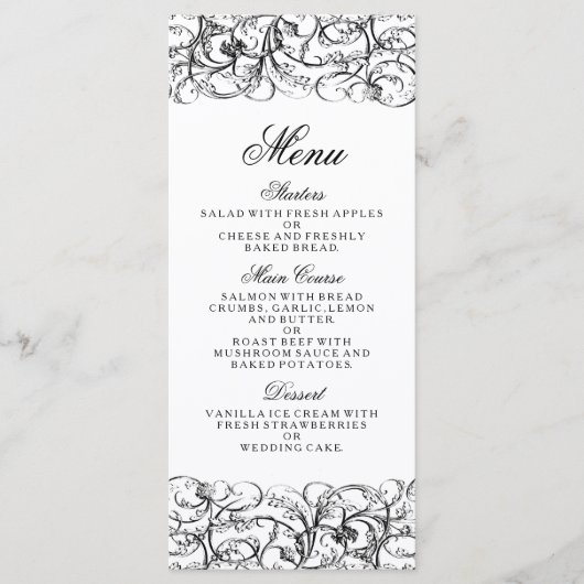 Elegante zwarte en witte wervelingen huwelijksmenu menu (Voorkant)