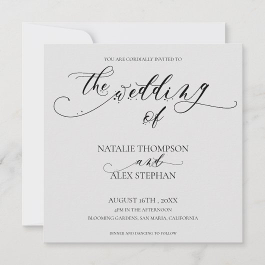 Elegante Zwarte En Witte Whimsical Script Bruiloft Kaart (Voorkant)