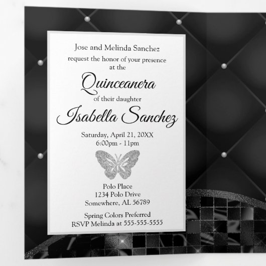 Elegante zwarte en zilveren foto Quinceanera-driev Drieluik Programma (Binnenzijde eerst)