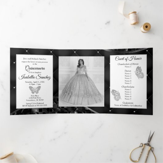 Elegante zwarte en zilveren foto Quinceanera-driev Drieluik Programma (Binnen)