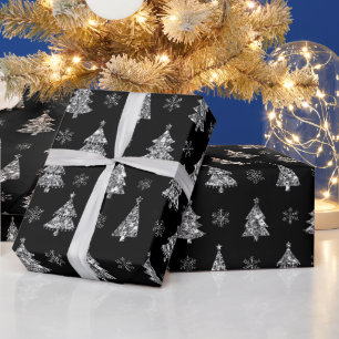 Elegante zwarte en zilveren glinsterende kerstbome cadeaupapier