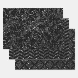 Elegante zwarte en zilveren glinsterpatronen inpakpapier vel