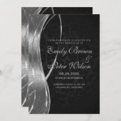 Elegante zwarte en zilveren grijze damast bruiloft kaart (Voorkant / Achterkant)