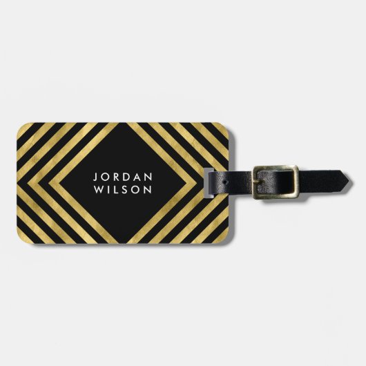 Elegante zwarte faux gouden geometrische lijnen bagagelabel (Voorkant horizontaal)