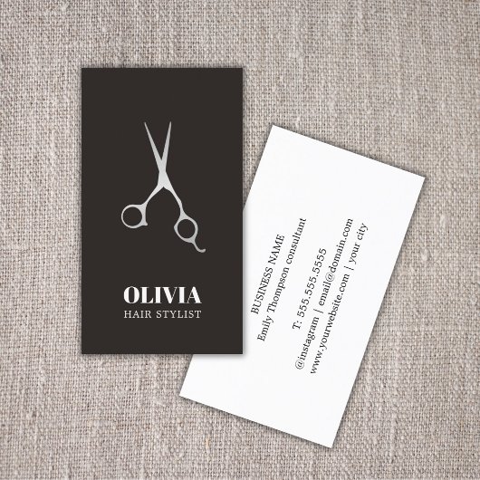 Elegante zwarte faux zilveren schaar vet haar salo visitekaartje