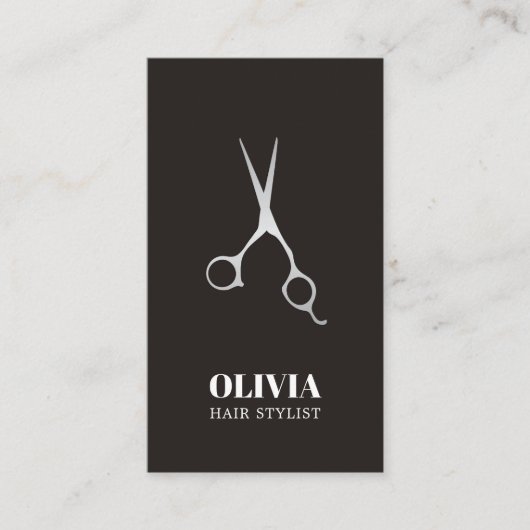 Elegante zwarte faux zilveren schaar vet haar salo visitekaartje (Voorkant)