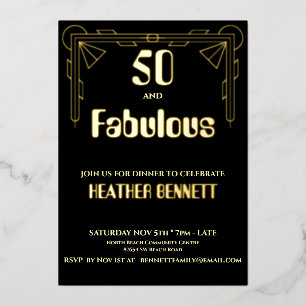 Elegante Zwarte Folie Art Deco 50 Fabulous Verjaar Uitnodiging