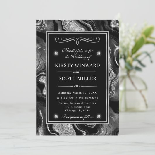 Elegante zwarte Folie & zilveren glitter agaat bru Kaart (Staand voorkant)