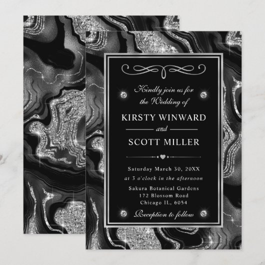 Elegante zwarte Folie & zilveren glitter agaat bru Kaart (Voorkant / Achterkant)