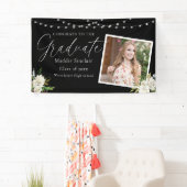 Elegante zwarte foto Floral Afstuderen Spandoek (Insitu)