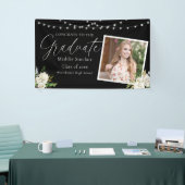 Elegante zwarte foto Floral Afstuderen Spandoek (Beurs)