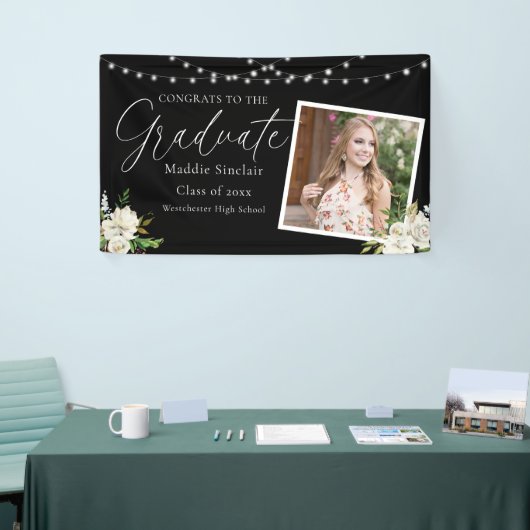 Elegante zwarte foto Floral Afstuderen Spandoek (Beurs)