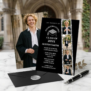 Elegante Zwarte Foto Strook Afstuderen met Glitter Kaart