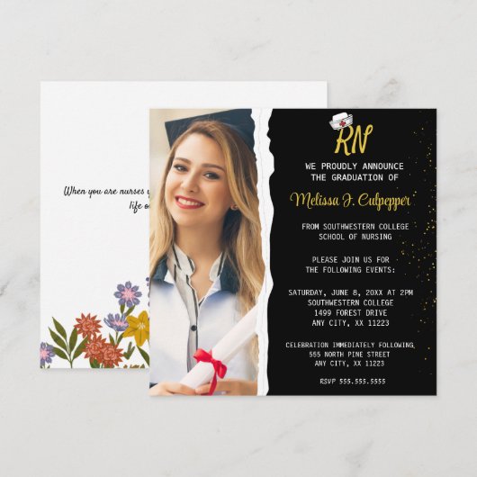 Elegante Zwarte Foto Verpleegkunde Afstuderen Kaart (Voorkant / Achterkant)