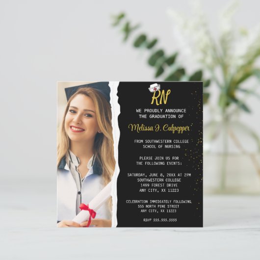 Elegante Zwarte Foto Verpleegkunde Afstuderen  Kaart (Staand voorkant)