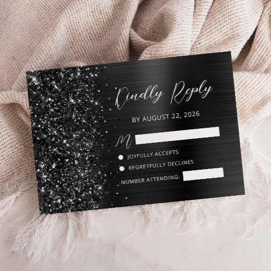 Elegante Zwarte Geborstelde Metaal Glitter Script  RSVP Kaartje