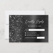 Elegante Zwarte Geborstelde Metaal Glitter Script  RSVP Kaartje (Voorkant)
