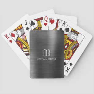 Elegante Zwarte Geborstelde Metalen Monogram Naam Pokerkaarten