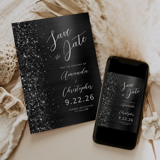 Elegante zwarte geborstelde metalen script save th aankondiging