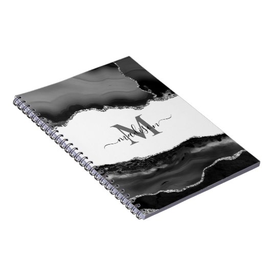 Elegante zwarte geode agaat monogram zilver glitte notitieboek (Rechterzijde)