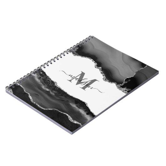 Elegante zwarte geode agaat monogram zilver glitte notitieboek (Linkerzijde)