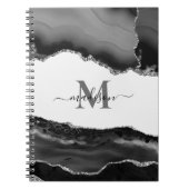 Elegante zwarte geode agaat monogram zilver glitte notitieboek (Voorkant)