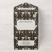 Elegante zwarte geometrische brullende 20s bruilof all in one uitnodiging (Buitenkant)