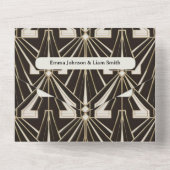 Elegante zwarte geometrische brullende 20s bruilof all in one uitnodiging (Achterkant)