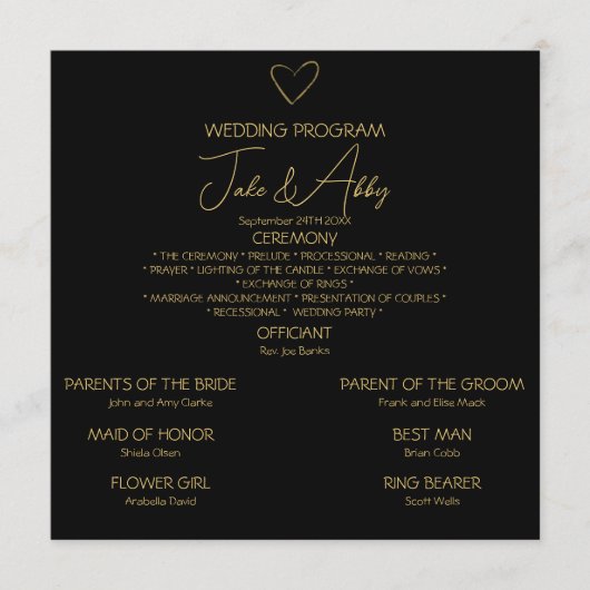 Elegante Zwarte Glanzende Hart Huwelijk Zwart Programmakaart (Voorkant)