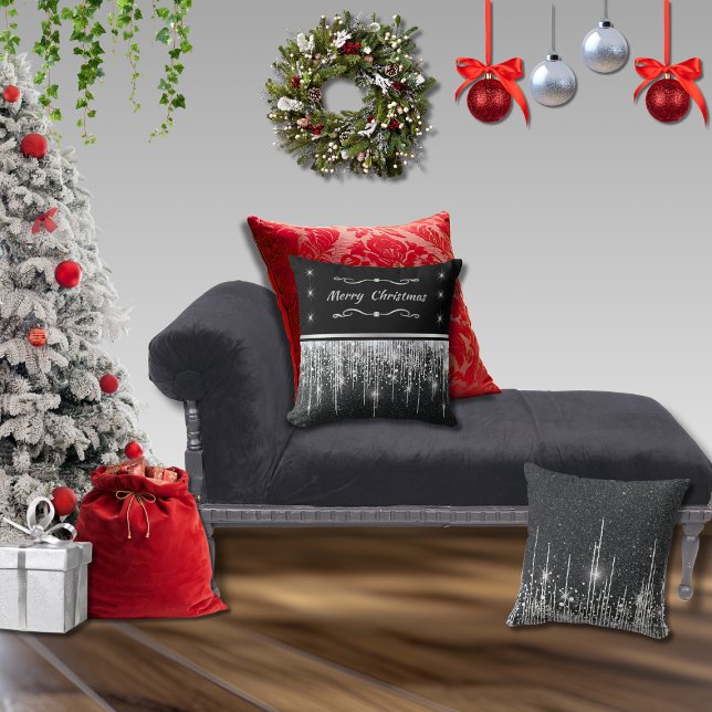 Elegante Zwarte Glanzende Zilveren Prettig Kerstfe Kussen (Elegant black and silver sparkly icicles and stars throw pillows with "Merry Christmas" throw pillow)
