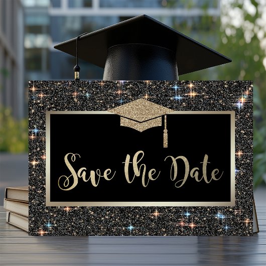 Elegante zwarte glitter afstudeerdata Save The Dat Date