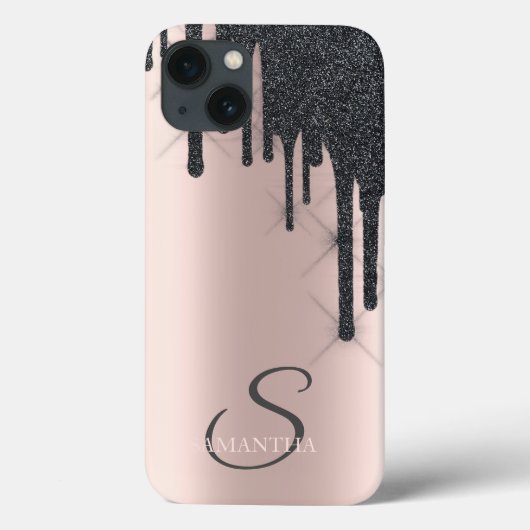 Elegante Zwarte Glitter Druppels Roze Goud Case-Mate iPhone Case (Achterkant)