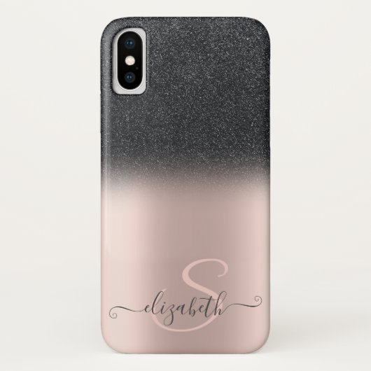 Elegante zwarte glitter ombre roosgouden monogram Case-Mate iPhone case (Achterkant)
