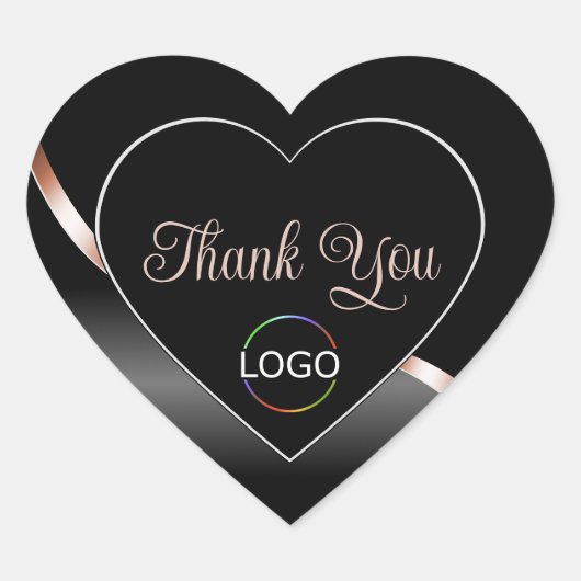 Elegante Zwarte Golvende Roze Goud met Logo Bedank Hart Sticker (Voorkant)