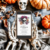 Elegante zwarte gotische bloemenschedel Halloween Kaart