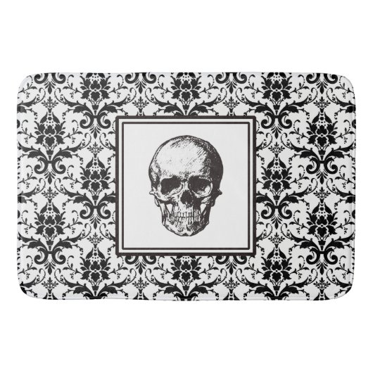 Elegante zwarte gotische Damask Patroon Schedel Badmat (Voorkant)
