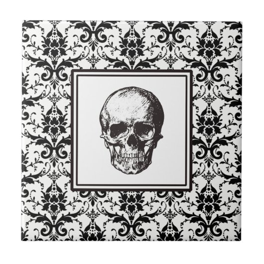 Elegante  zwarte gotische Damask Skull Tegeltje (Voorkant)