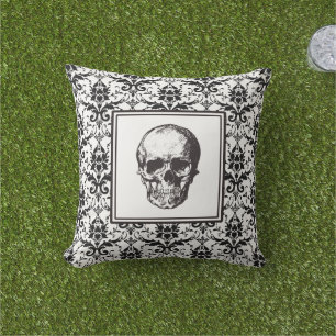 Elegante Zwarte Gotische Damast Patroon Schedel Buitenkussen