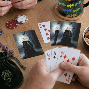 Elegante Zwarte Gotische Mysterieuze Vrouw Ravens Pokerkaarten