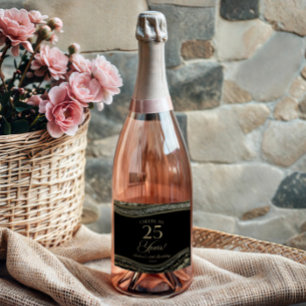 Elegante zwarte goud agaat 25e verjaardagsfeestje sparkling wijnetiket