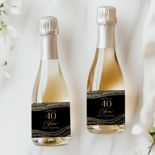 Elegante zwarte goud agaat 40e verjaardagsfeestje sparkling wijnetiket