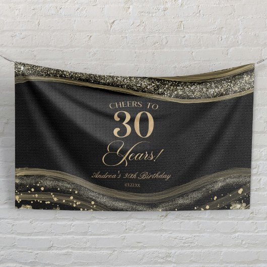 Elegante Zwarte Goud Agate 30e Verjaardagsfeest Spandoek
