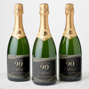 Elegante Zwarte Goud Agate 90ste Verjaardagsfeestj Sparkling Wijnetiket