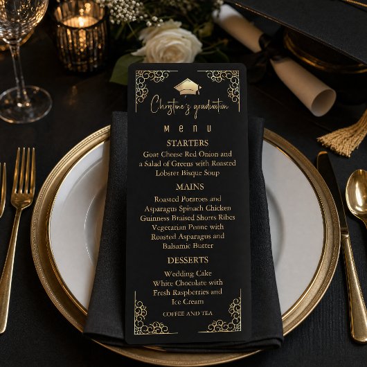 Elegante zwarte goud folie Afstuderen Menu