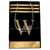 Elegante zwarte goud gestreepte monogram meisjesac medium cadeauzakje (Voorkant)