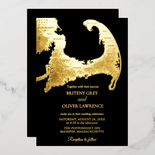 Elegante zwarte goud Kaap Cod Kaart Trouwen (Voorkant / Achterkant)